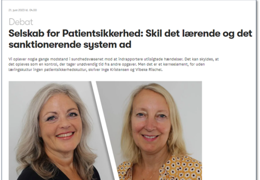 Skjermdump: Viser innlegget fra direktør Inge Kristensen og visedirektør Vibeke Rischel i Dansk Selskab for Patientsikkerhed, med portrettbilder av begge. 