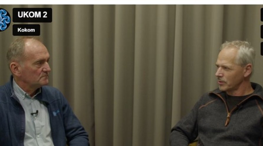 Skjermdump fra webinaret. Til venstre sitter leder i KoKom Guttorm Brattebø (t.v) i samtale med Pål Iden, direktør i Ukom.  