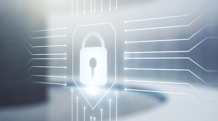 Bilde av hengelås på en datachip med digitale informasjonslinjer knyttet til hengelås.