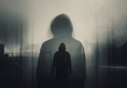 Silhuett av en mann med hettegenser, stående med ryggen mot kamera. Dobbel eksponering av personen, en større og en mindre person plassert inni. Står alene om kvelden i et byområdet. Bilder er mørkt og i gråtoner. 
