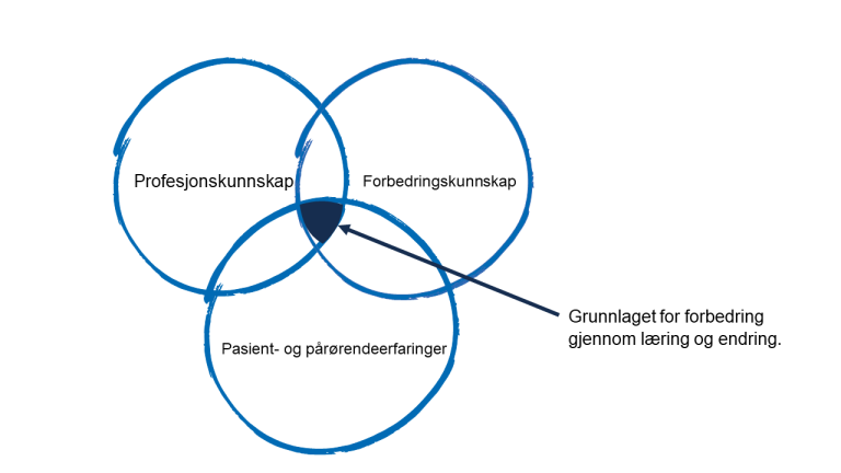 Modell, sikler som overlapper hverandre i midten. Ene sirkel: profesjonskunnskap, neste forbedringskunnskap, og siste pasient- og pårørendeerfaring. Midtpunktet, der sirklene overlapper ligger grunnlaget for forbedring, gjennom læring og endring.