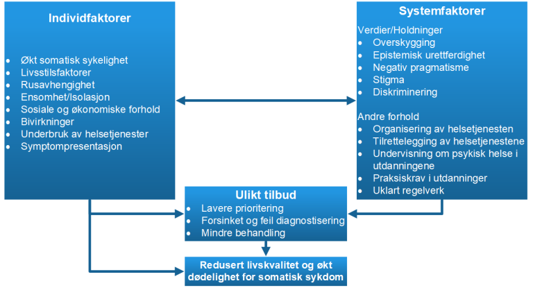 Modell med fire ulike bokser. Boks til beskriver ulike individfaktorer. Disse er (kulepunkter):  økt somatisk sykelighet, livsstilsfaktorer, rusavhengighet, ensomhet/isolasjon,  sosiale og økonomiske forhold, bivirkninger,  underbruk av helsetjenester,  symptompresentasjon. Boks til høyre beskriver ulike systemfaktorer. Disse er (kulepunkter): Verdier/Holdninger som overskygging, epistemisk urettferdighet, negativ pragmatisme, stigma, diskriminering og Andre forhold som: organisering av helsetjenesten, tilrettelegging av helsetjenestene, undervisning om psykisk helse i utdanningene, praksiskrav i utdanninger, uklart regelverk. Det er piler mellom boks for individ- og systemfaktorer. Piler fra disse to boksene til ny boks viser at sammen gir dette et ulikt tilbud. Disse kulepunktene er listet opp:  lavere prioritering,  forsinket og feil diagnostisering,  mindre behandling. Dette fører til: I egen boks: Redusert livskvalitet og økt dødelighet for somatisk sykdom.